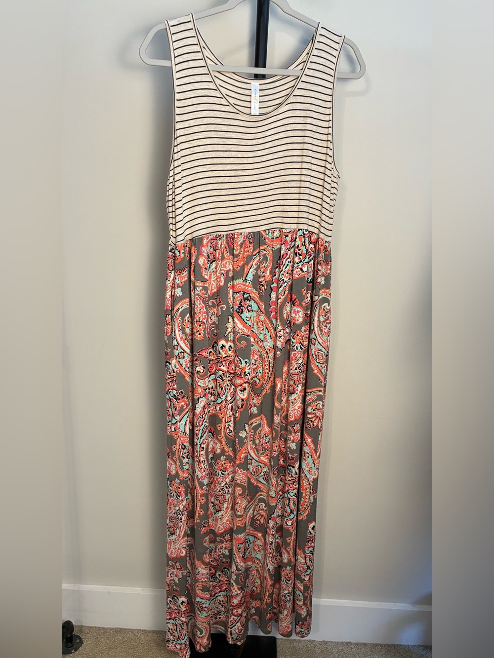 Discount Divas Striped Tank Maxi Dress Coral Paisley Skirt Pockets Stretchy XL